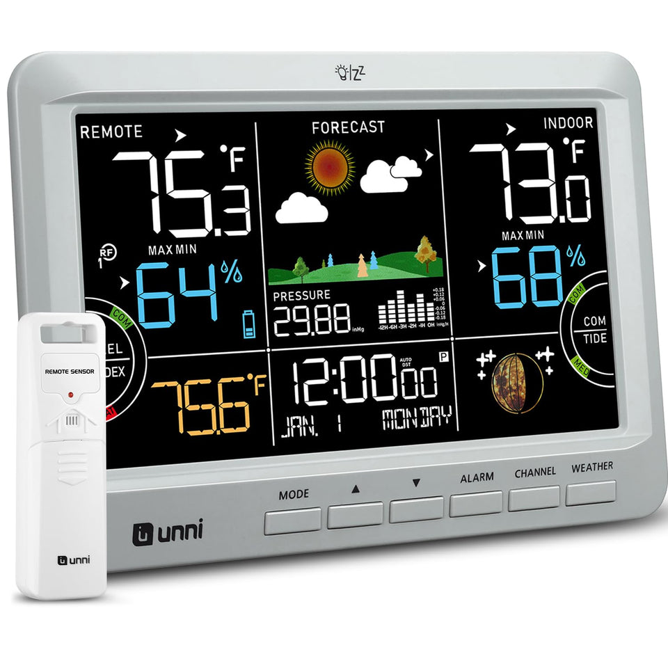 U UNNI weather station front display showing large readings for quick checks