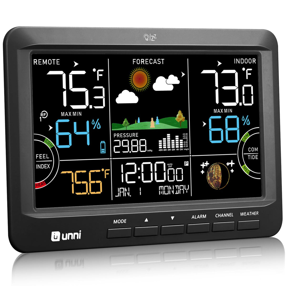 U UNNI Weather Station front display shows large time and climate stats at a glance.