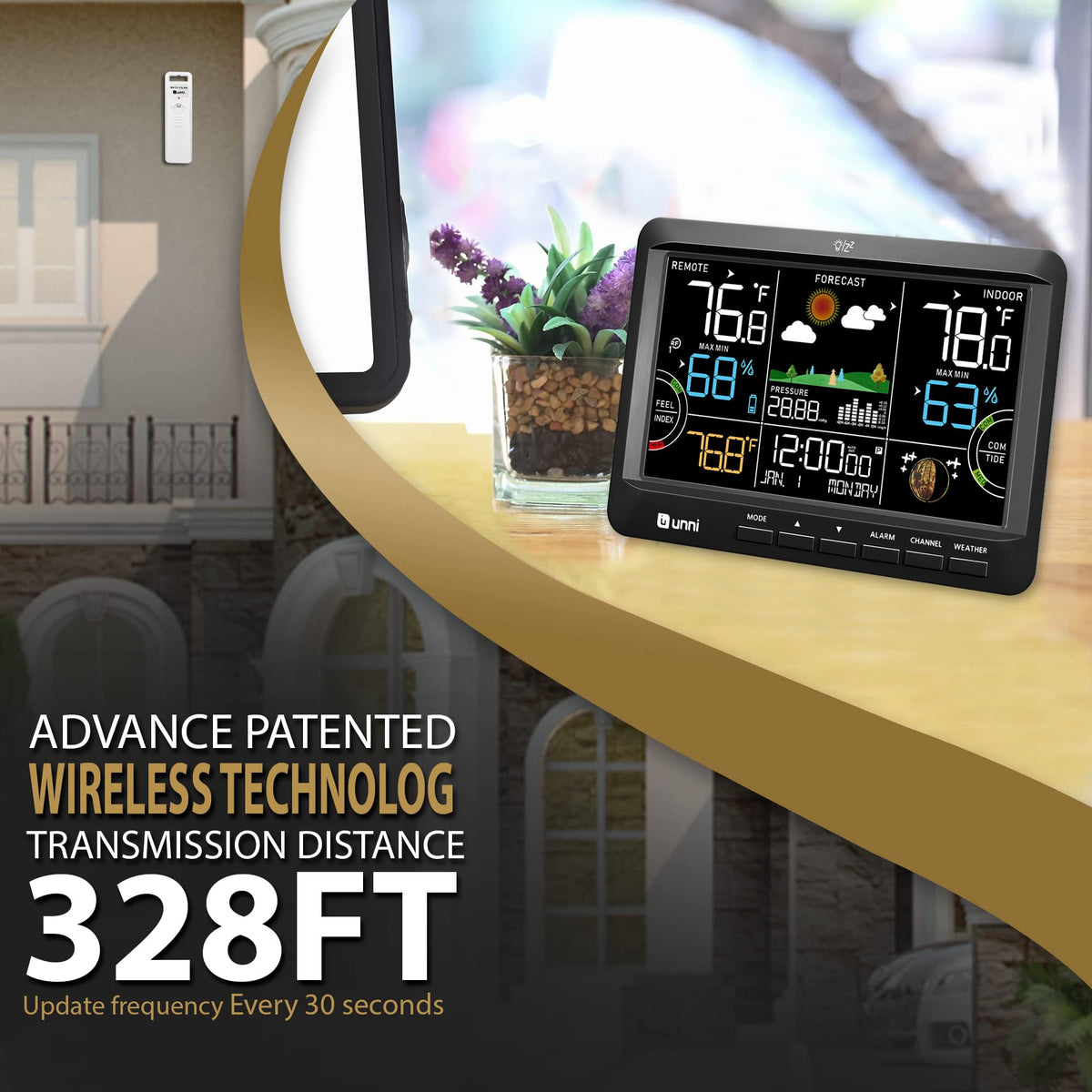 U UNNI Weather Station tide and moon phase readouts support coastal routines.