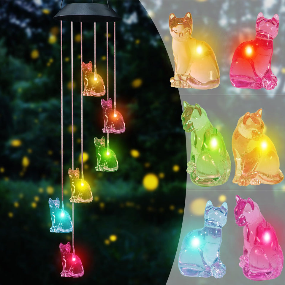 UXORSN Cat Solar Wind Chimes emit color-changing lights for dramatic outdoor evenings.