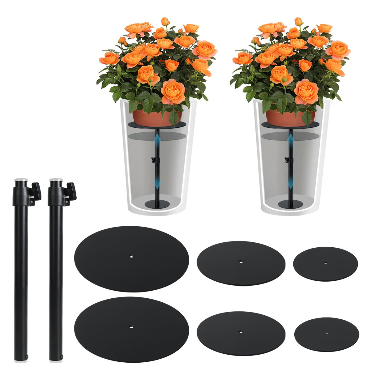 UYEDUJZ adjustable plant risers inside pots show easy assembly for taller indoor planters.