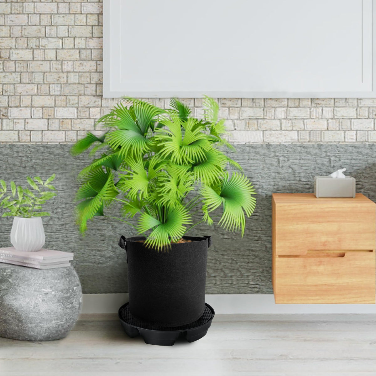UYEDUJZ fabric pot base in indoor greenhouse setups supports neat watering.