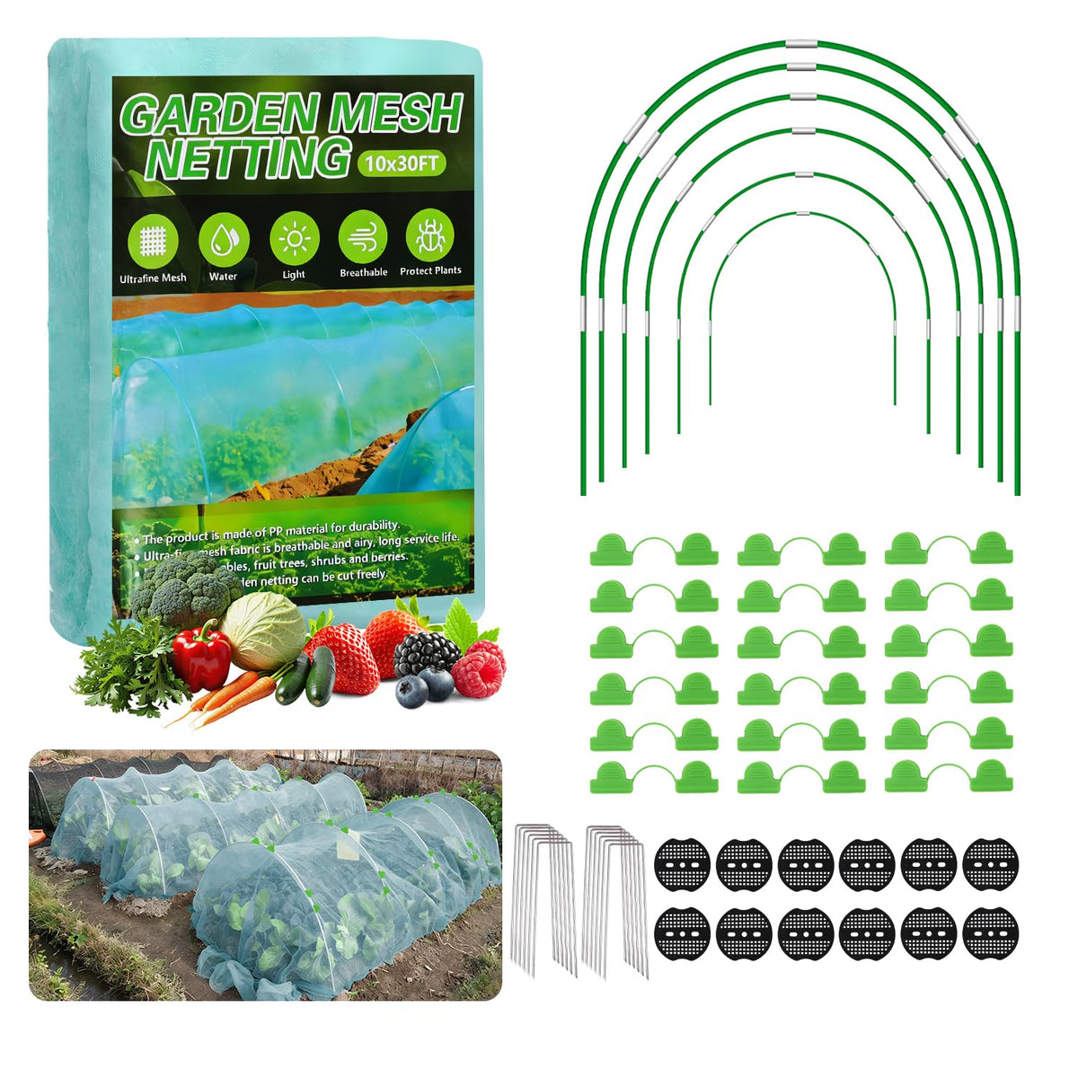 Uyittour garden netting kit with a 10x30ft green mesh protecting beds from birds