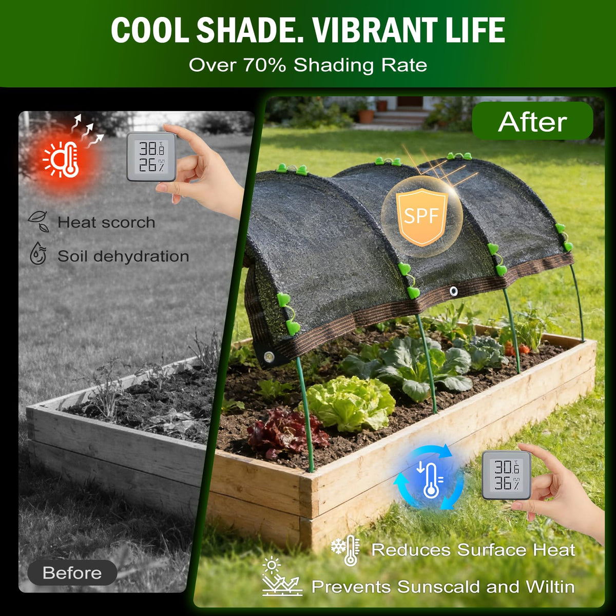 Uyittour shade cover installed over a raised bed protecting vegetables.