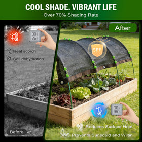 Uyittour shade cover installed over a raised bed protecting vegetables.