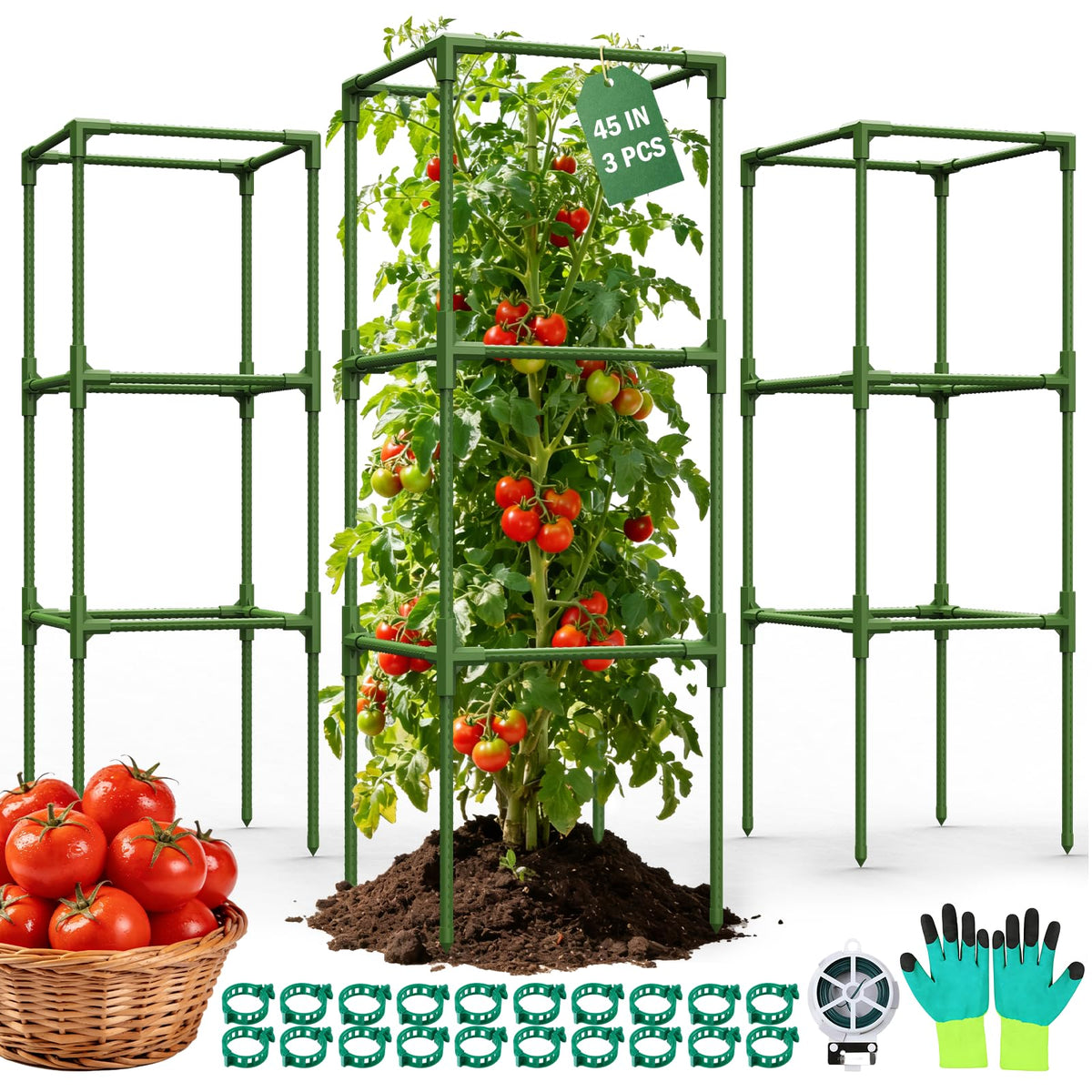 Uyittour tomato cage 45-inch square 3-pack supports heavy fruiting plants in raised beds.