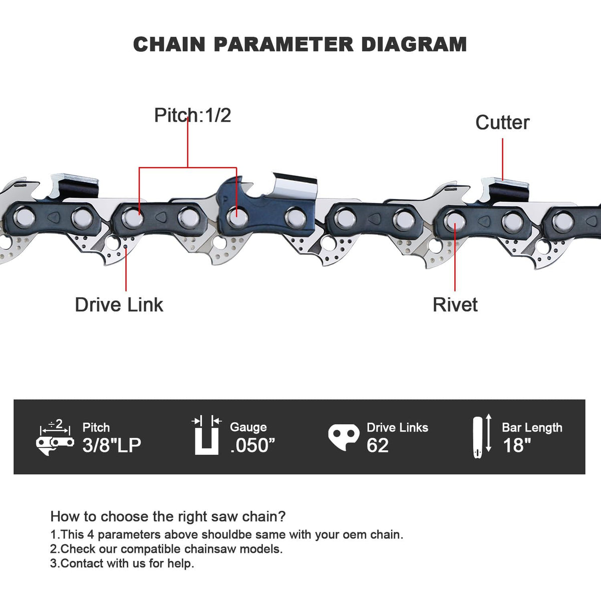 V-MODEST three-pack 18-inch chains for backups during demanding cutting tasks.