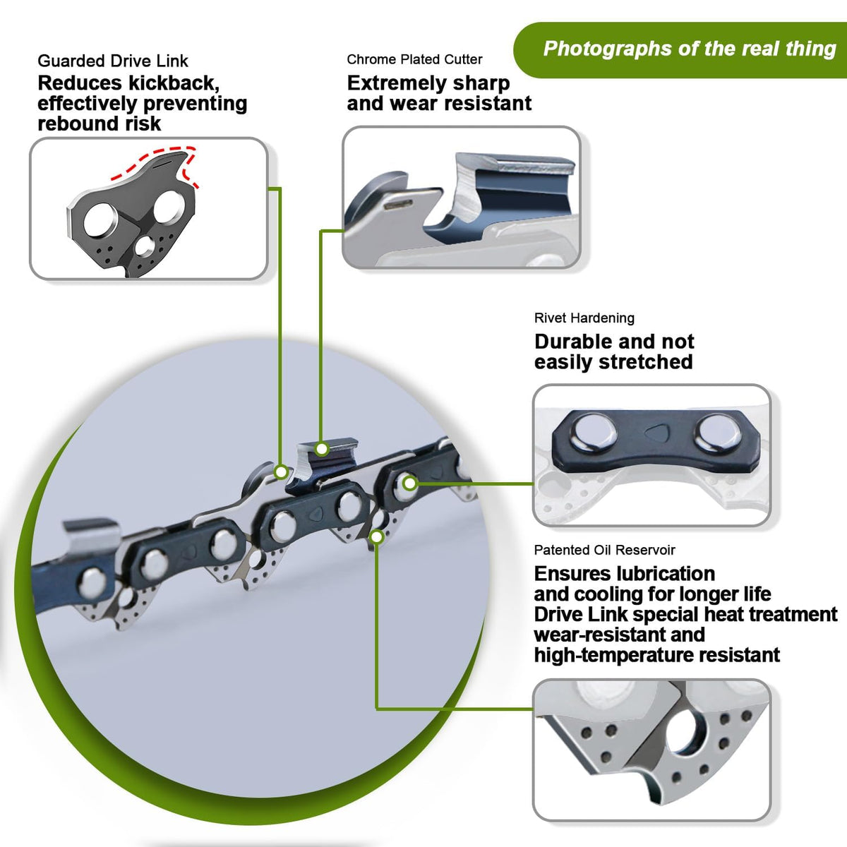 V-MODEST full-chisel 18-inch chain with sharp edge for fast cuts in soft wood.