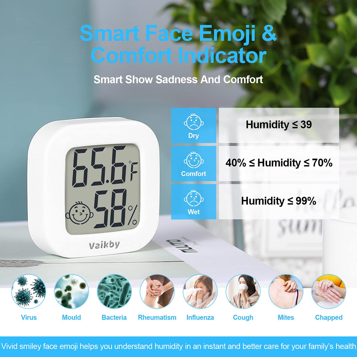 Vaikby indoor thermometer 4pack back panel for easy positioning and battery check.