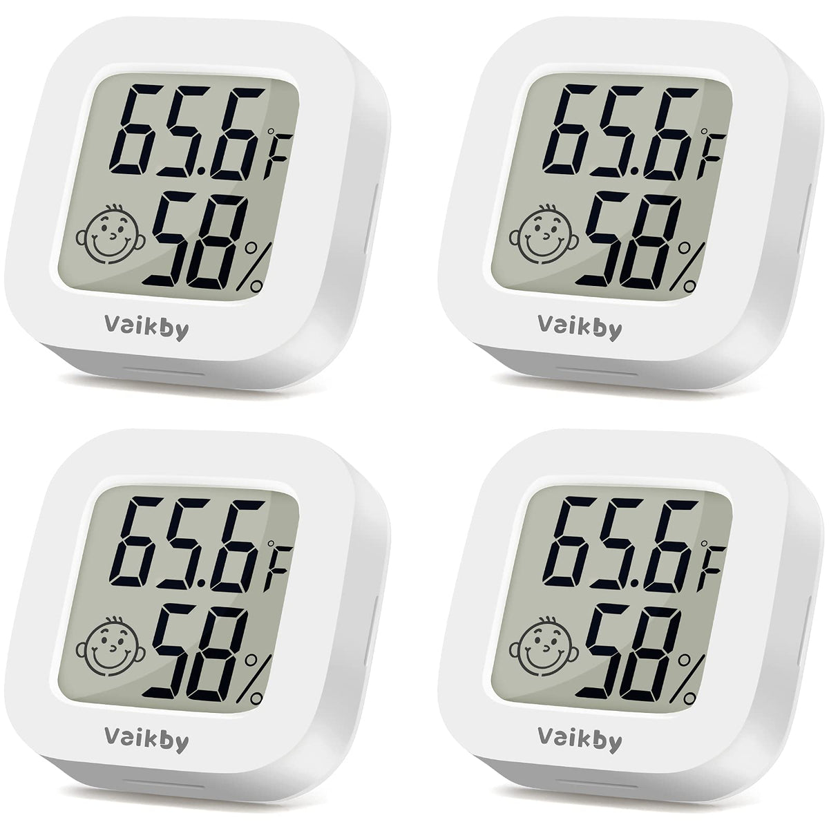 Vaikby indoor thermometer 4pack front view with clear readout for quick checks.