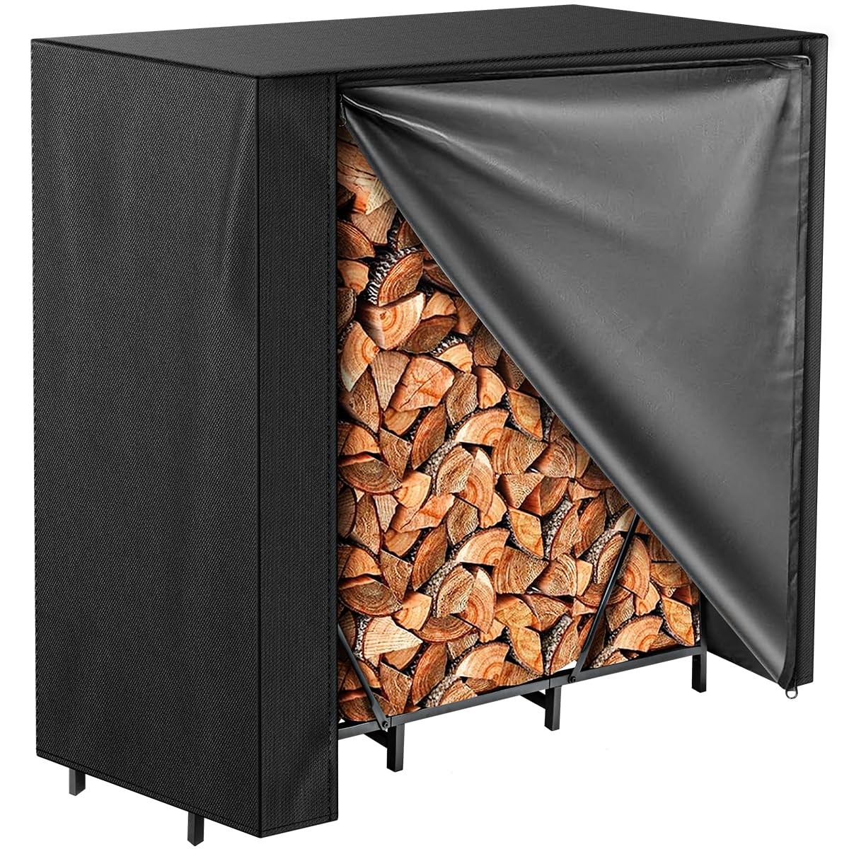 Vailge firewood rack cover with front zipper for easy access in rain or snow.