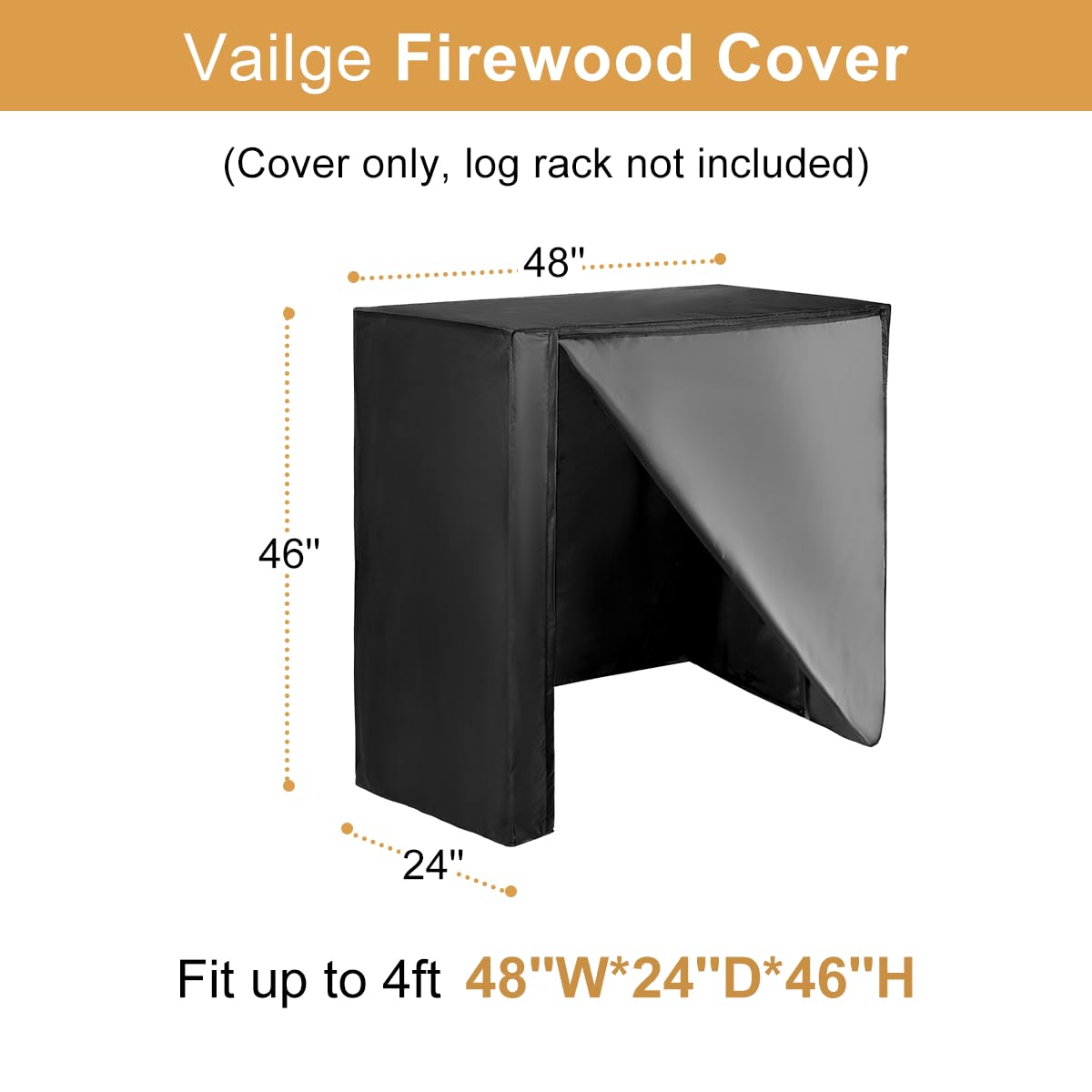 Vailge cover with windproof straps secures logs against strong gusts.