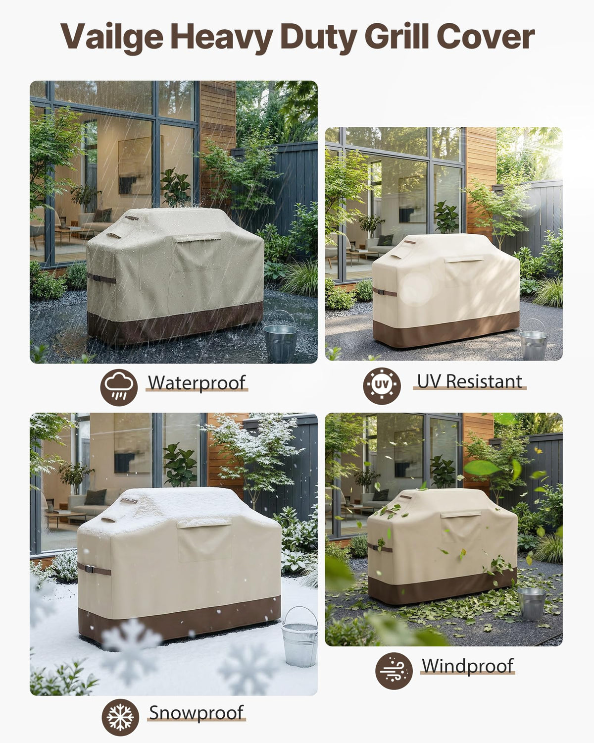 Vailge beige color blends with outdoor grills and spaces.