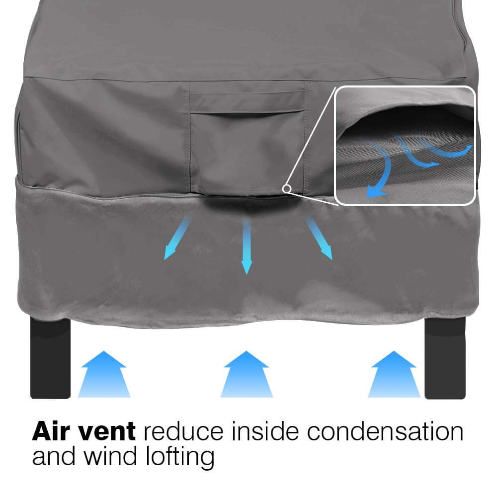Water-resistant backing helps keep cushions dry between uses