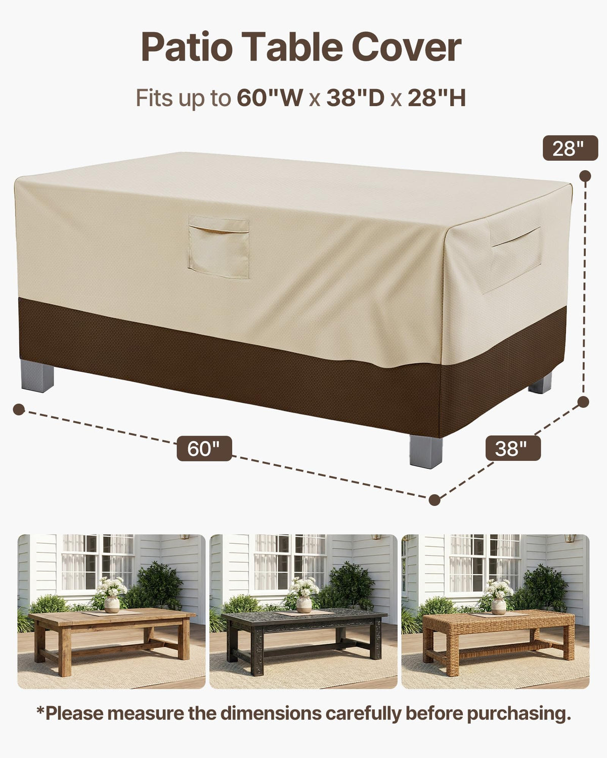 Vailge waterproof coating on beige-brown cover keeps your table dry outdoors.