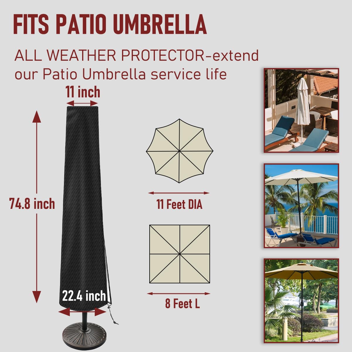 Vainlley cover shown on 7-9 ft offset umbrella for secure fit