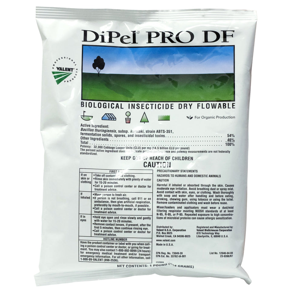 Valent USA Dipel Pro DF 1lb bag showing dry flowable formulation for garden pest control