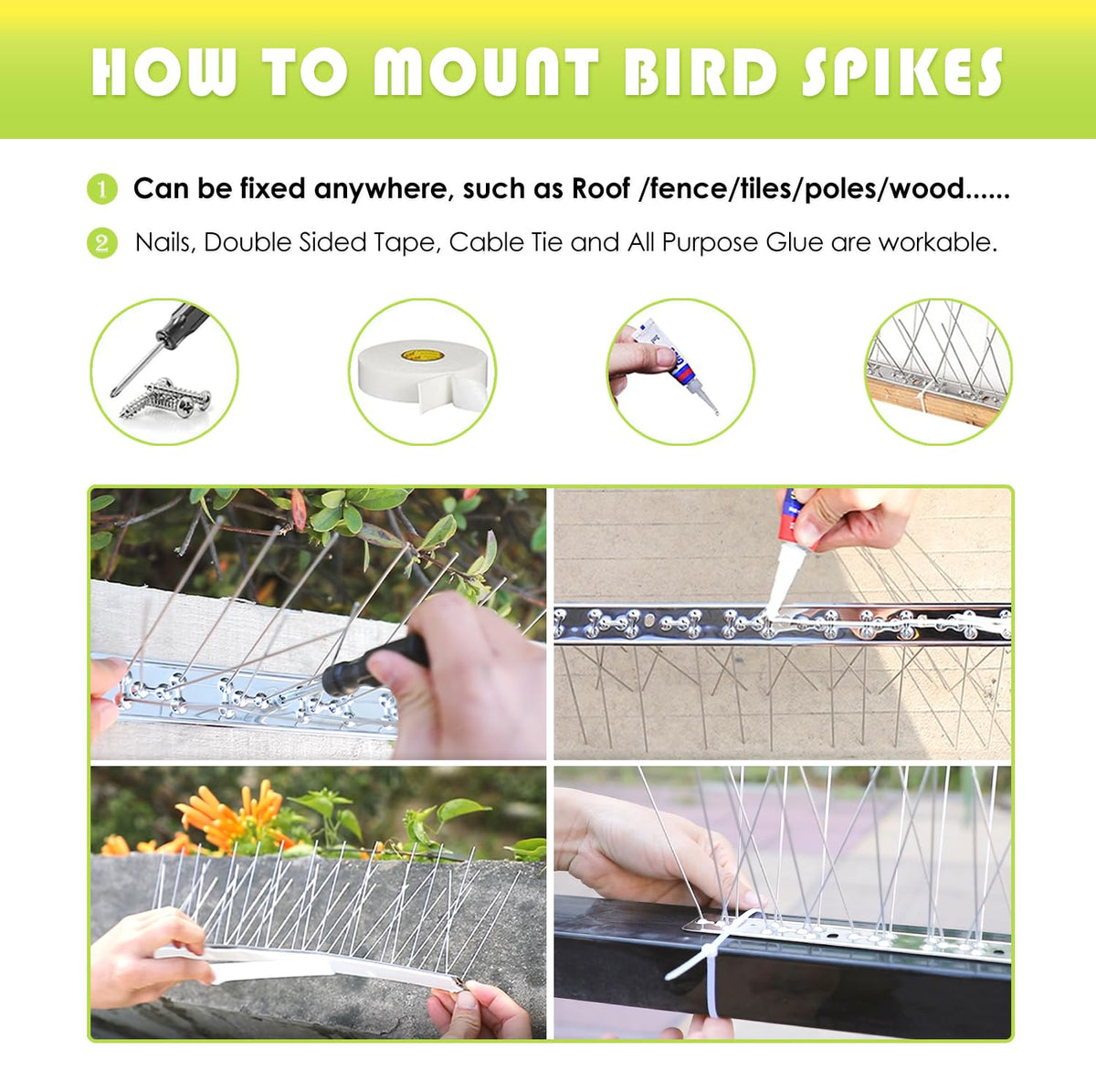 Valibe spikes suitable for small birds and pigeons on roofs and fences