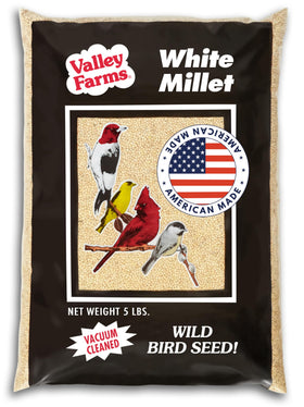 Valley Farms White Millet seed bag showing fresh grain for diverse backyard birds.
