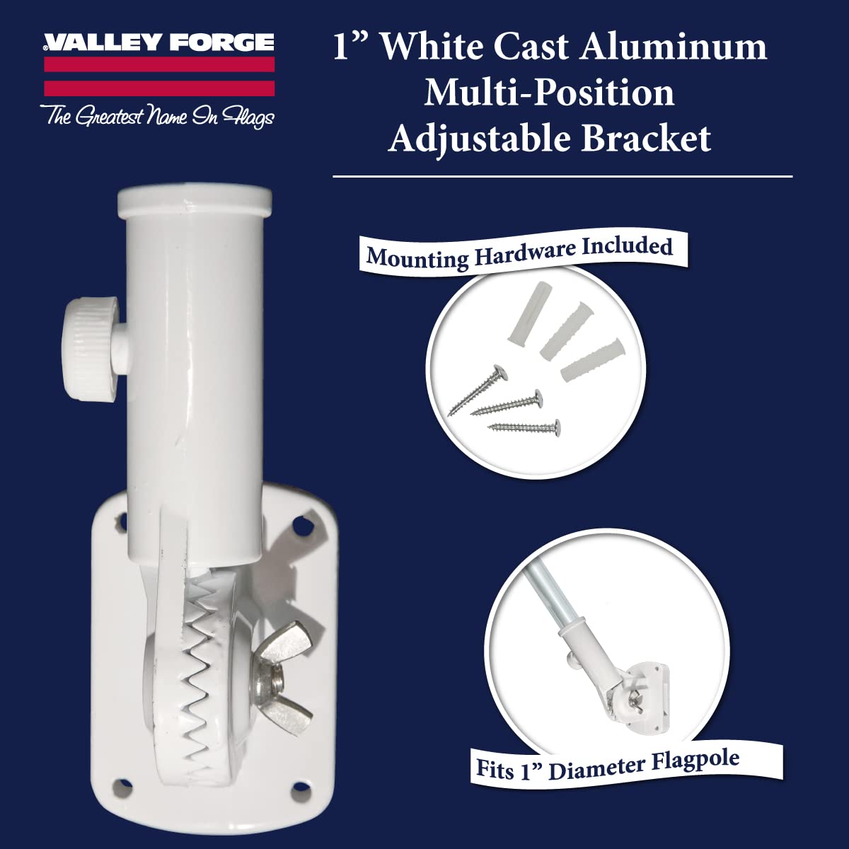 Valley Forge outdoor-ready bracket resists weather for lasting patriotic displays.
