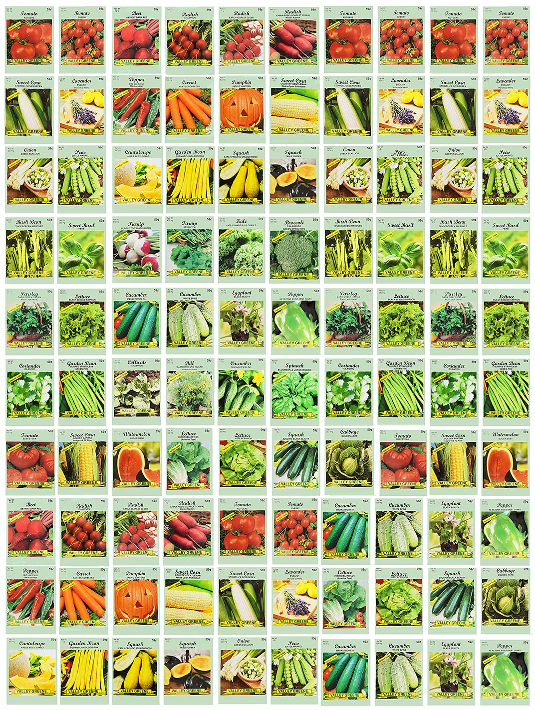 Valley Greene heirloom seed packs displaying diverse varieties for home gardens.