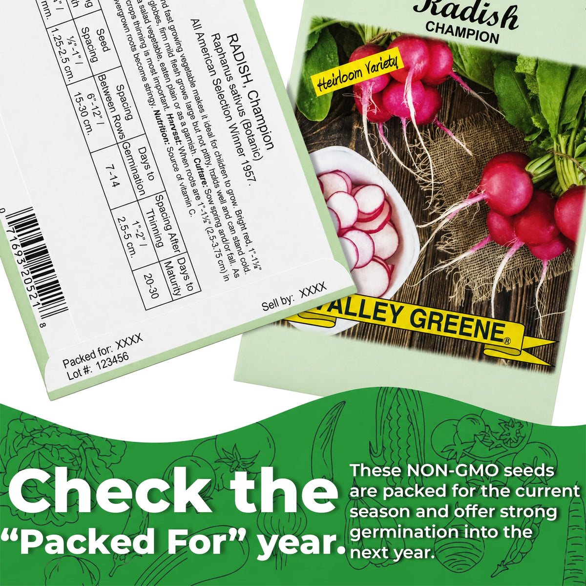 Valley Greene seed packs with sell-by date for organized planting.