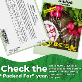 Valley Greene seed packs with sell-by date for organized planting.