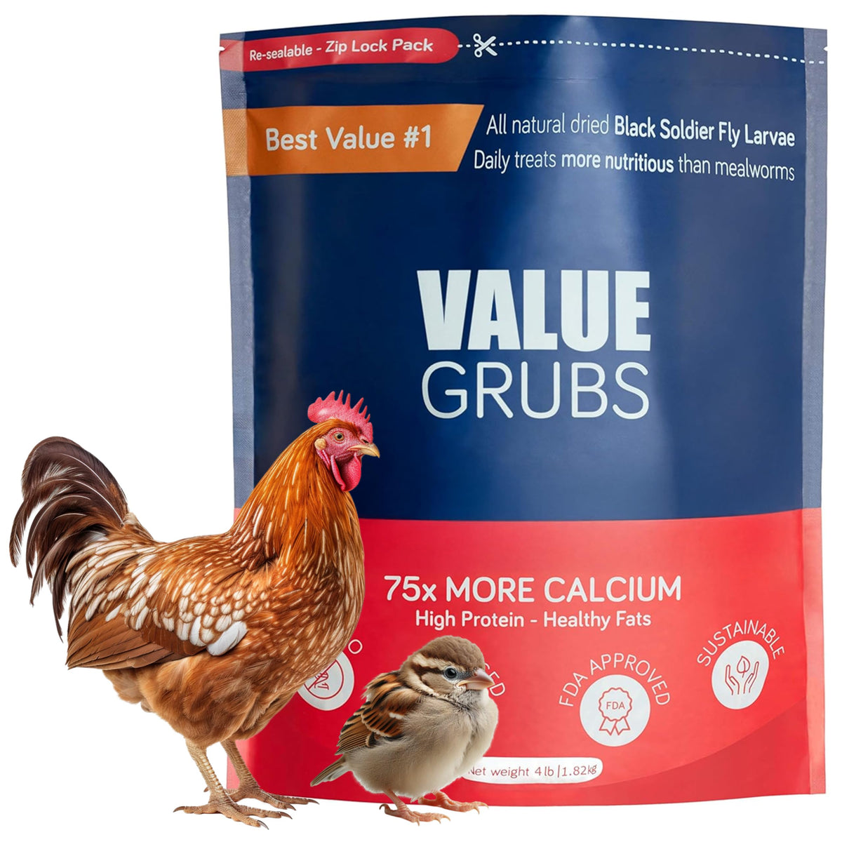 Value Grubs BSF larvae in a resealable bag for protein-packed chicken feed.