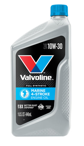 Valvoline 4-Stroke Marine oil bottle showing premium synthetic formula for high RPM.