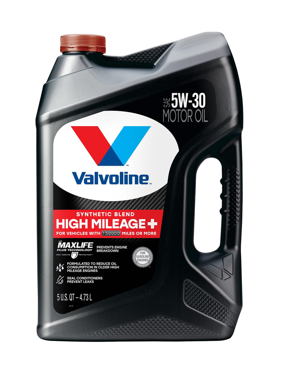 Valvoline High Mileage 150K bottle pouring to help reduce leaks and oil consumption.