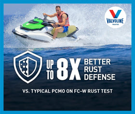 Valvoline synthetic marine oil close-up emphasizing wear protection under heat.