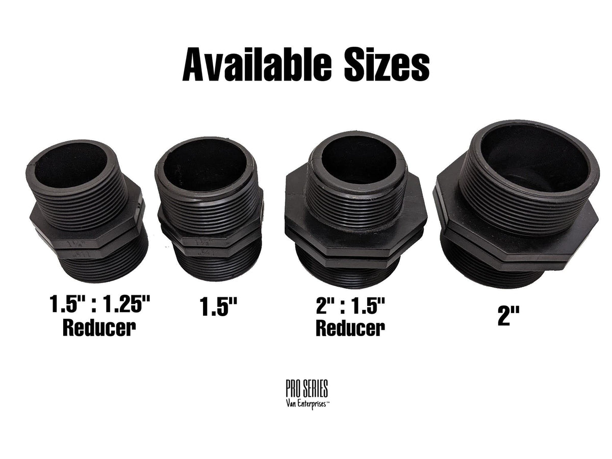 Van Enterprises 2in to 1.5in reducer shown for pool hose compatibility