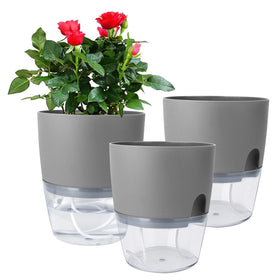 Vanavazon 6-inch self-watering planter front view, grey finish for low-maintenance indoor plants
