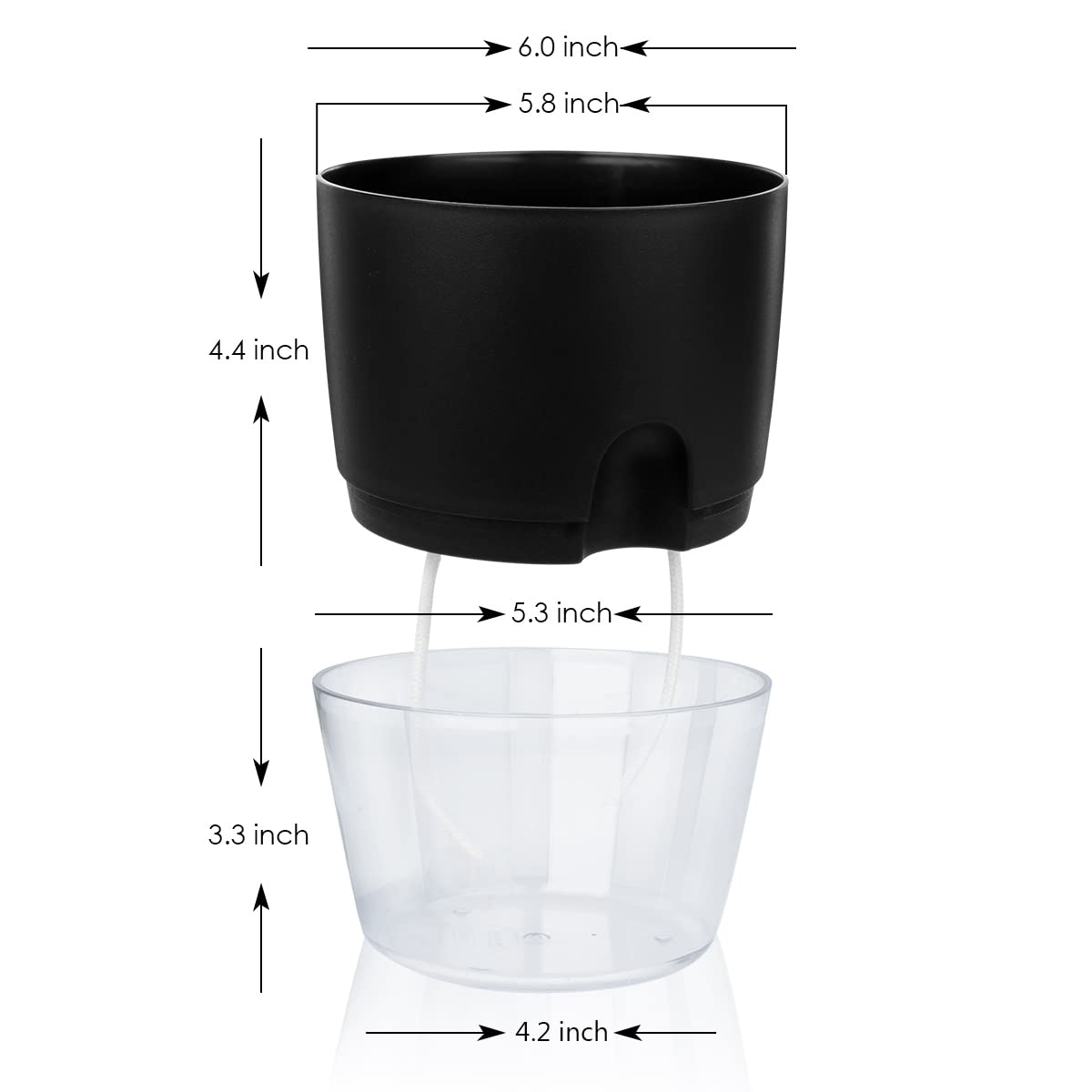 Vanavazon side view of 6-inch planter highlighting double-layer reservoir