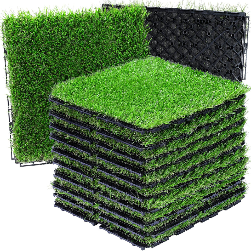 VANCASTLE artificial grass tiles interlocking top view, easy installation for patios