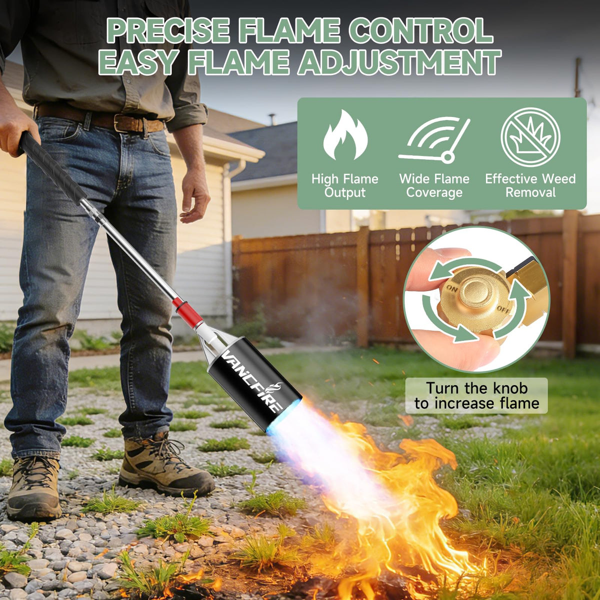 10-foot hose offers reach without bending for easier use with VANCFIRE torch.