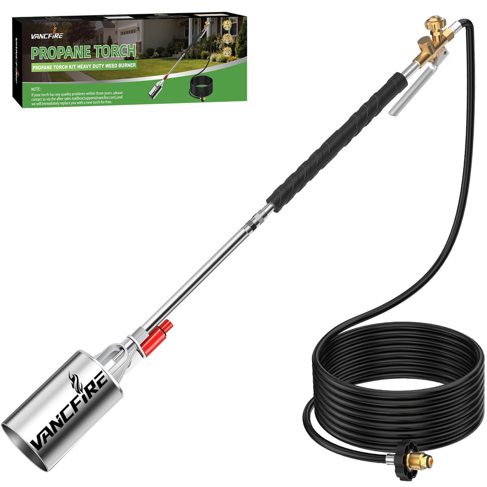 VANCFIRE propane torch with 34-inch extended reach for comfortable outdoor weed burning.