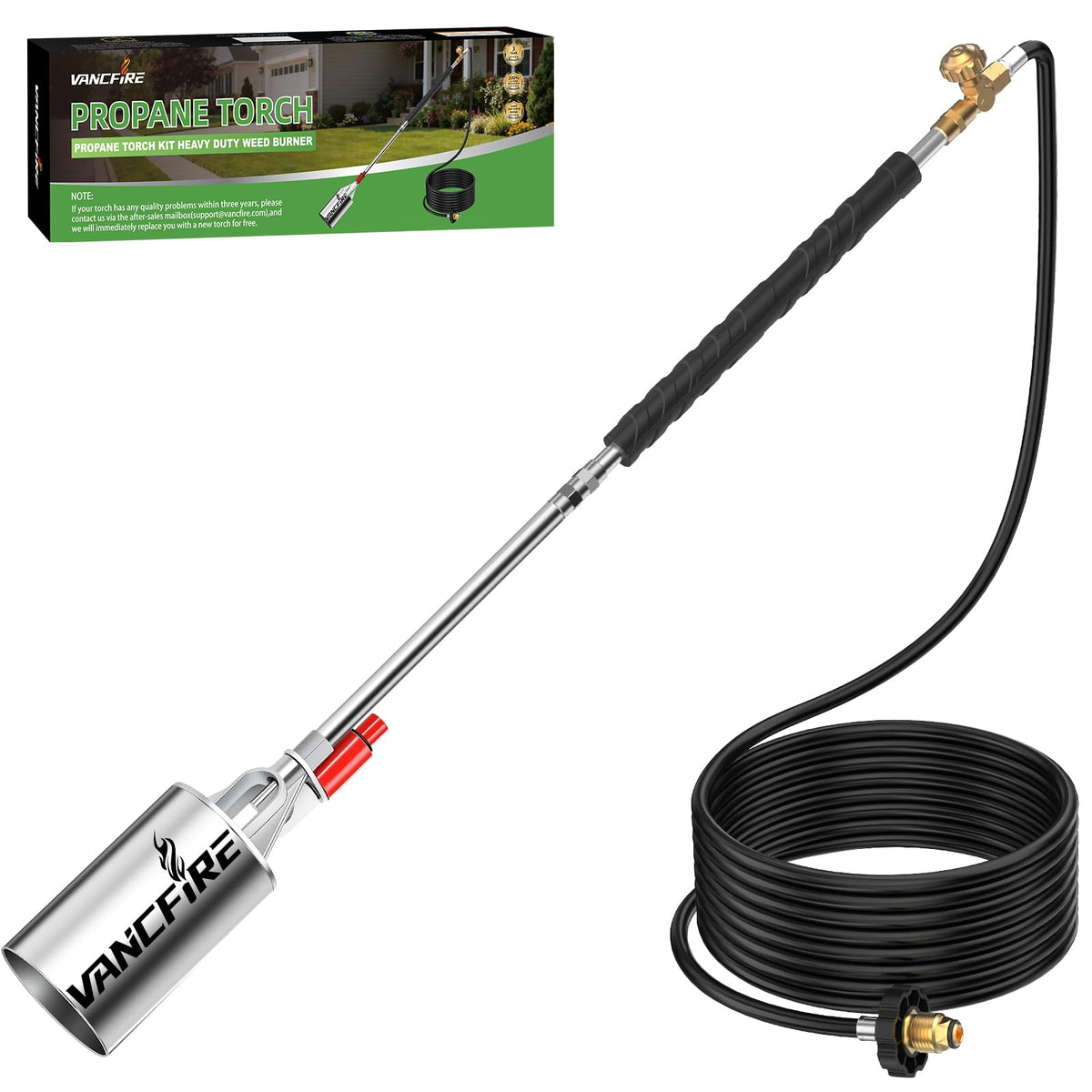 VANCFIRE propane torch with extended handle for comfortable weed burning.