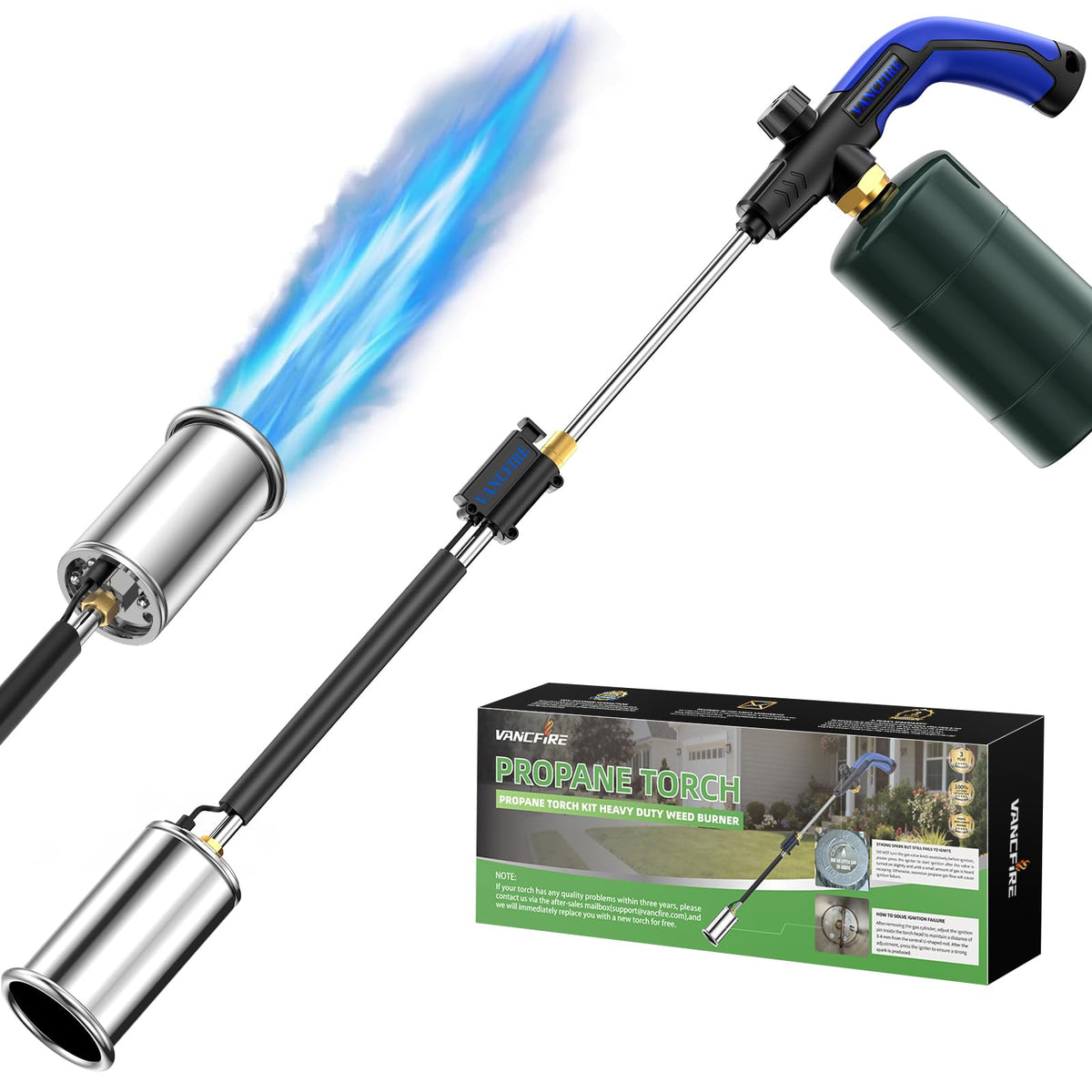 VANCFIRE propane torch weed burner with extended 30-inch arm for easy weed control.