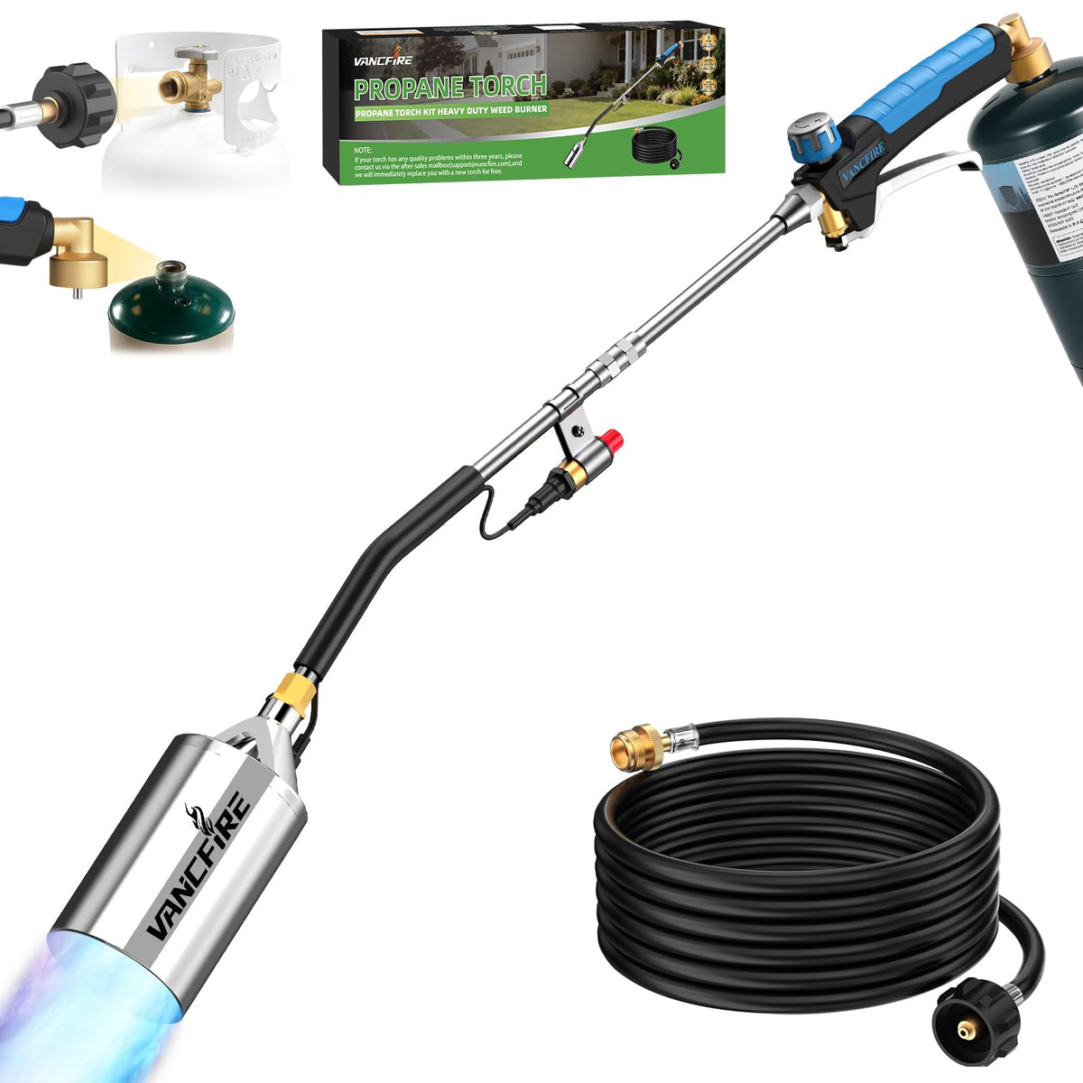 VANCFIRE propane torch weed burner with 33-inch reach for efficient outdoor weeding.