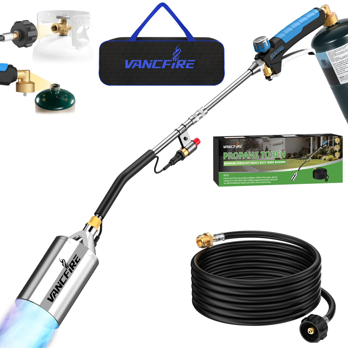 VANCFIRE propane torch weed burner kit with storage bag ready for transport.