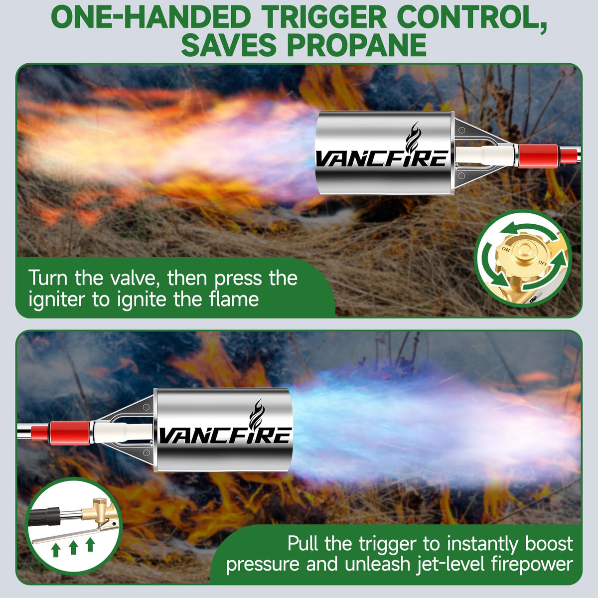 Turbo trigger allows precise flame control on VANCFIRE torch