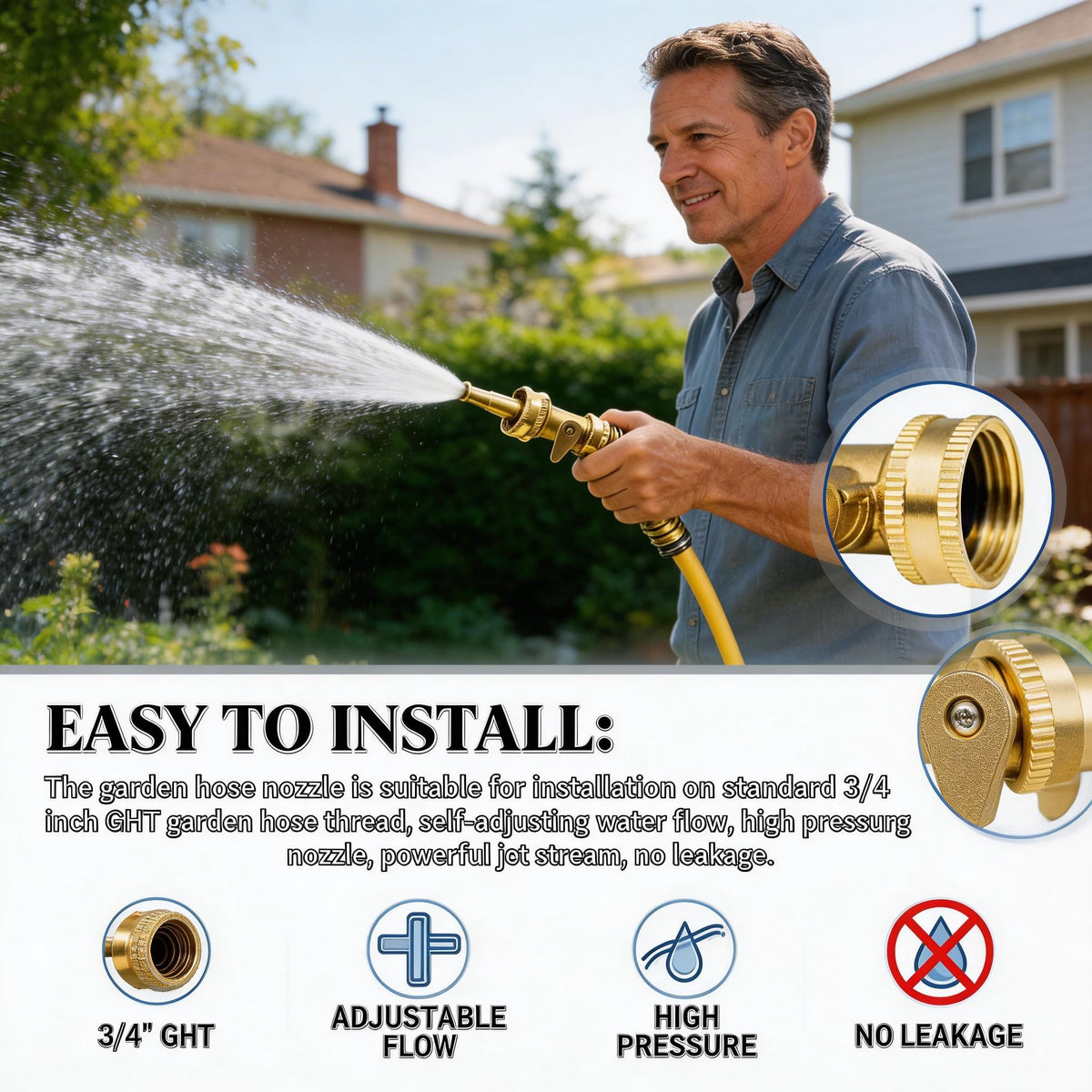 VANCOCO brass hose nozzle mounted on standard 3/4 in GHT thread for fit.