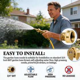 VANCOCO brass hose nozzle mounted on standard 3/4 in GHT thread for fit.