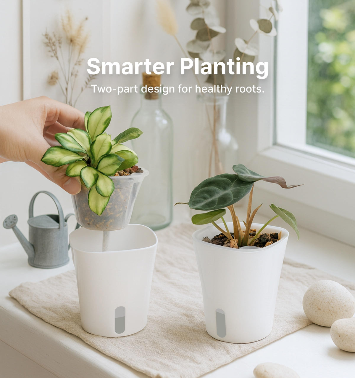 Vandorelle white outer pot reflects heat in bright indoor spaces