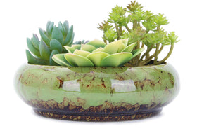 VanEnjoy 7.3 inch round green glazed ceramic planter with drainage hole for succulents