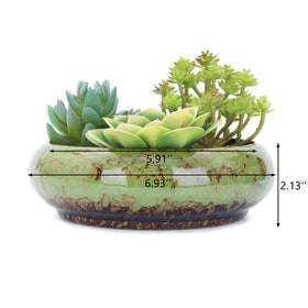 VanEnjoy round glazed ceramic bonsai planter in green with drainage