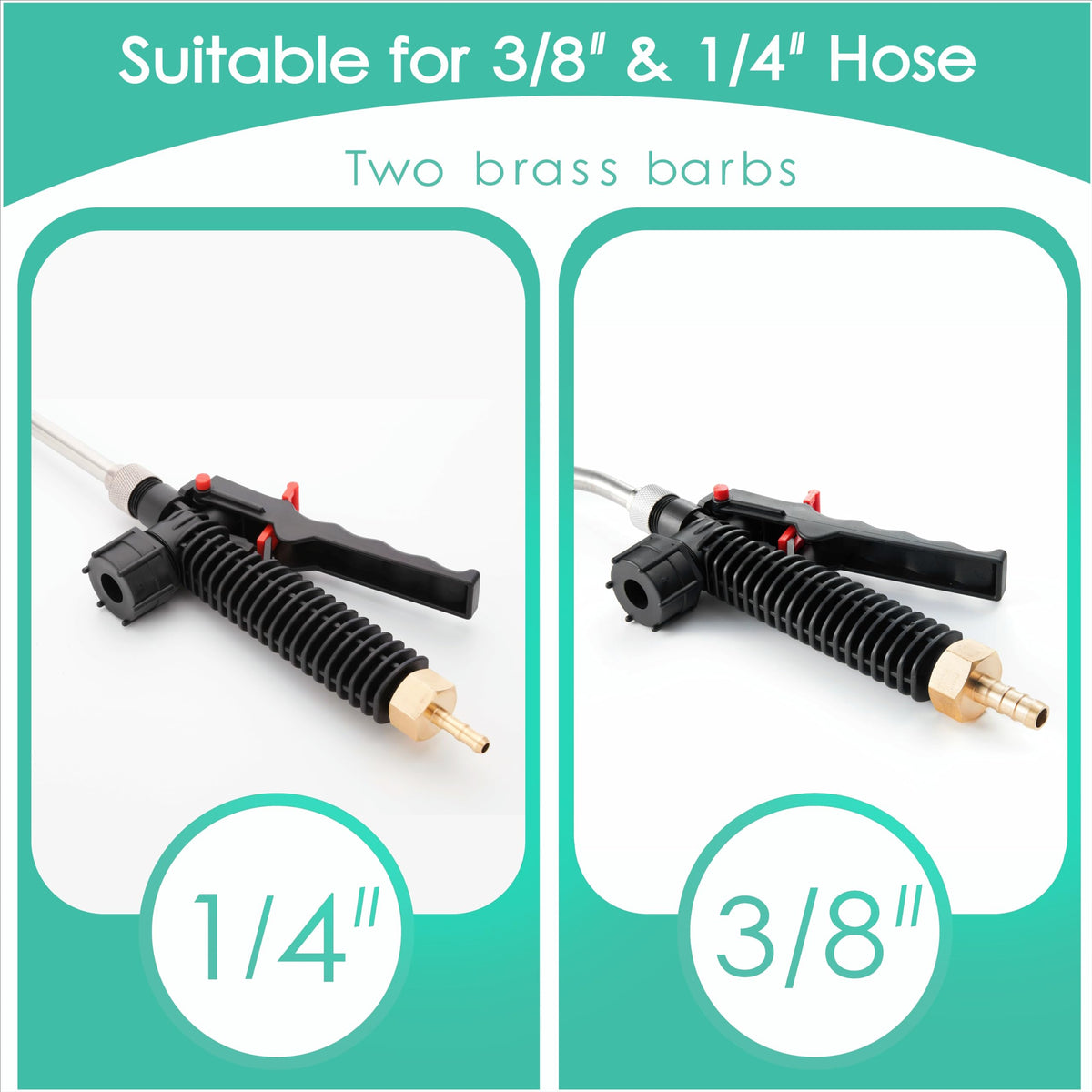 VANPET wand with brass barbs provides secure 3/8 and 1/4 inch hose connections.