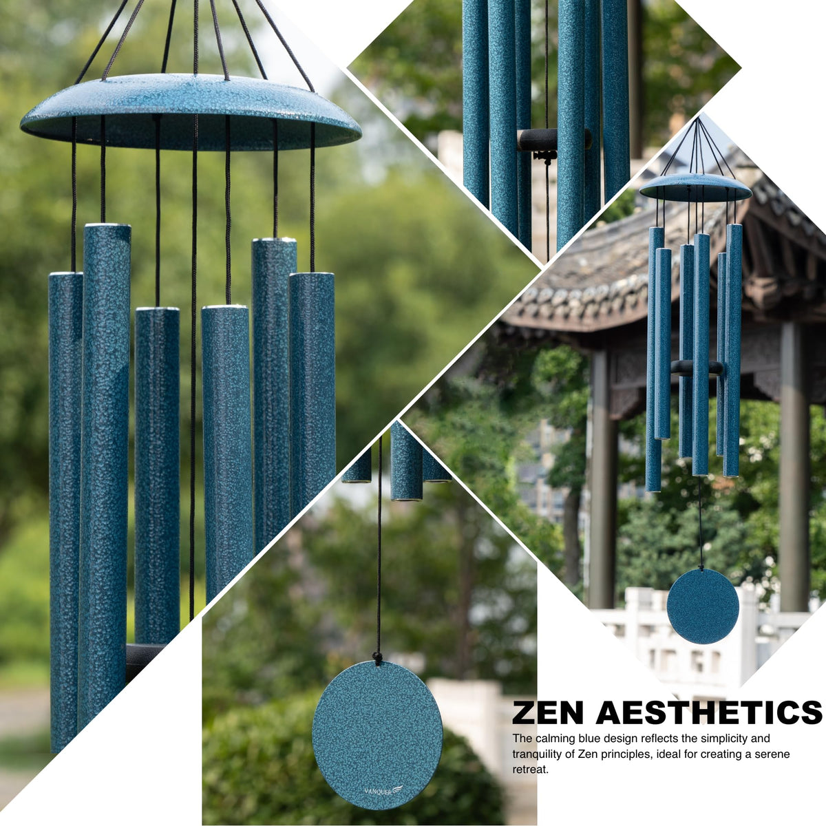 Vanquer deep-tone chimes bring relaxing ambience to patios, porches, and yards.