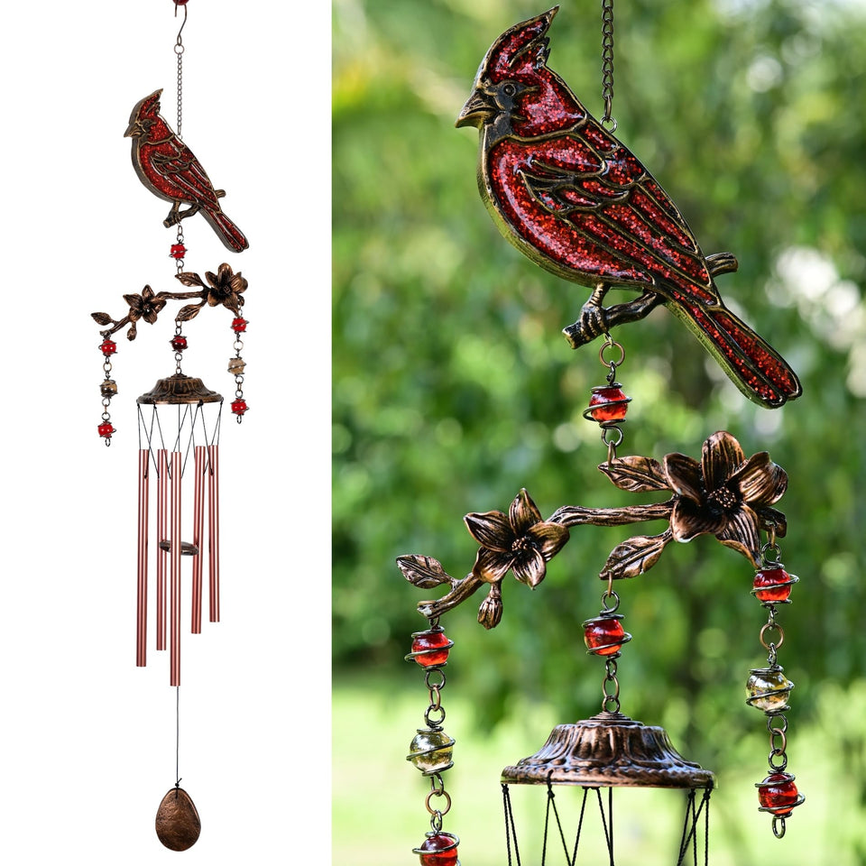 Vanquer wind chimes outside with glitter resin cardinal for vibrant garden accents.